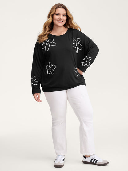 Floral Cord Embroidery Round Neck Sweatshirt