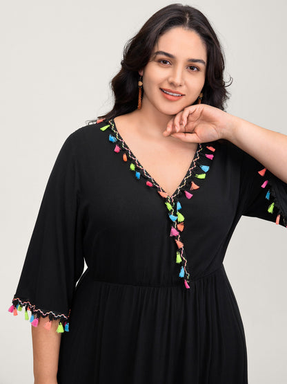 Floral Stretchy Embroidery Tassels Maxi Dress