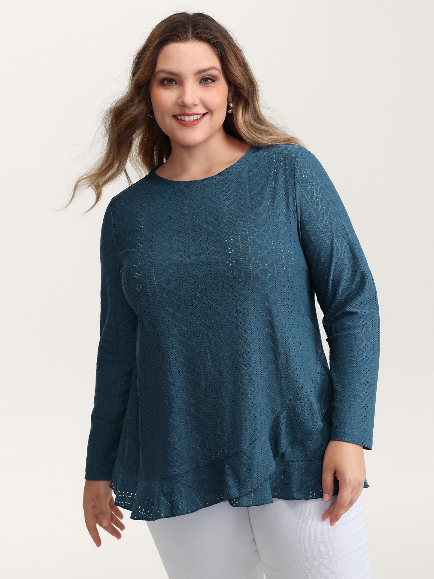 Eyelet Trim Overlap Ruffled Hem T-Shirt