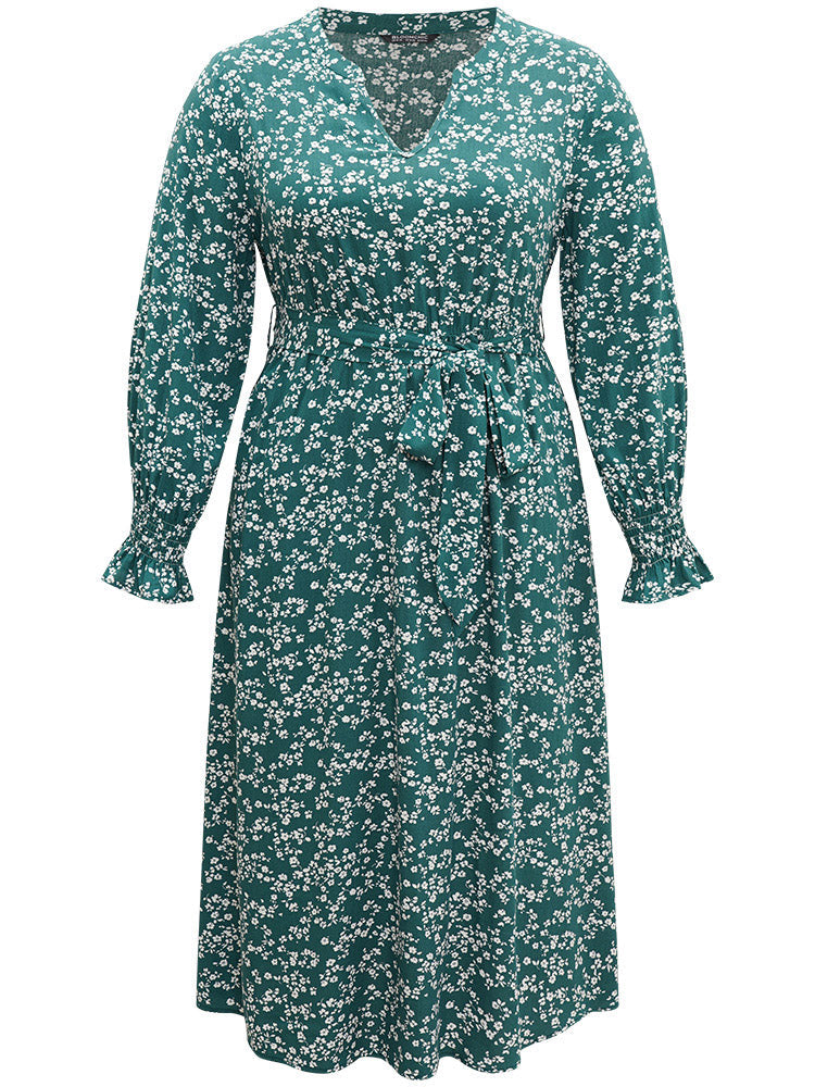 Ditsy Floral Shirred Belted Notched Dress