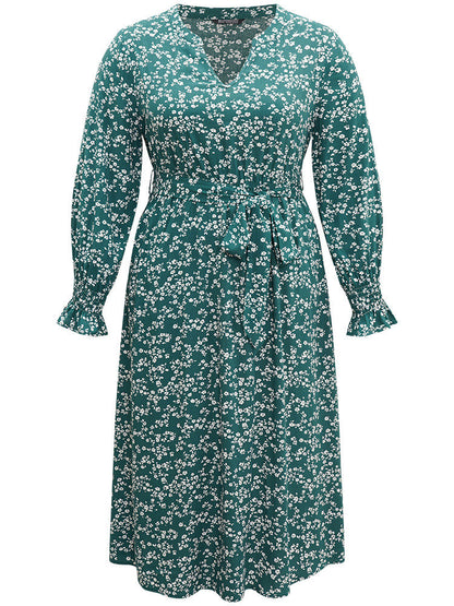 Ditsy Floral Shirred Belted Notched Dress