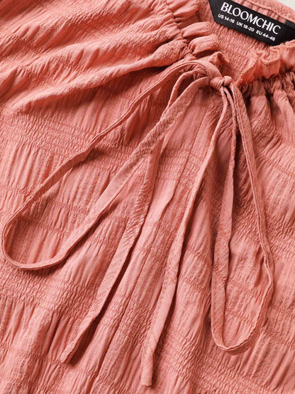 Textured Neck-Tie Layered Pockets Midi Dress