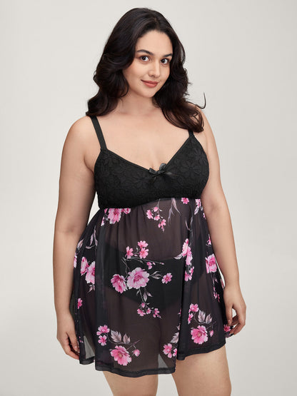 Floral Print Sheer Lace Trim Sleep Dress