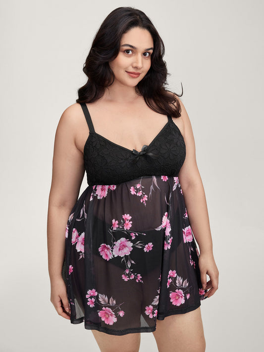 Floral Print Sheer Lace Trim Sleep Dress