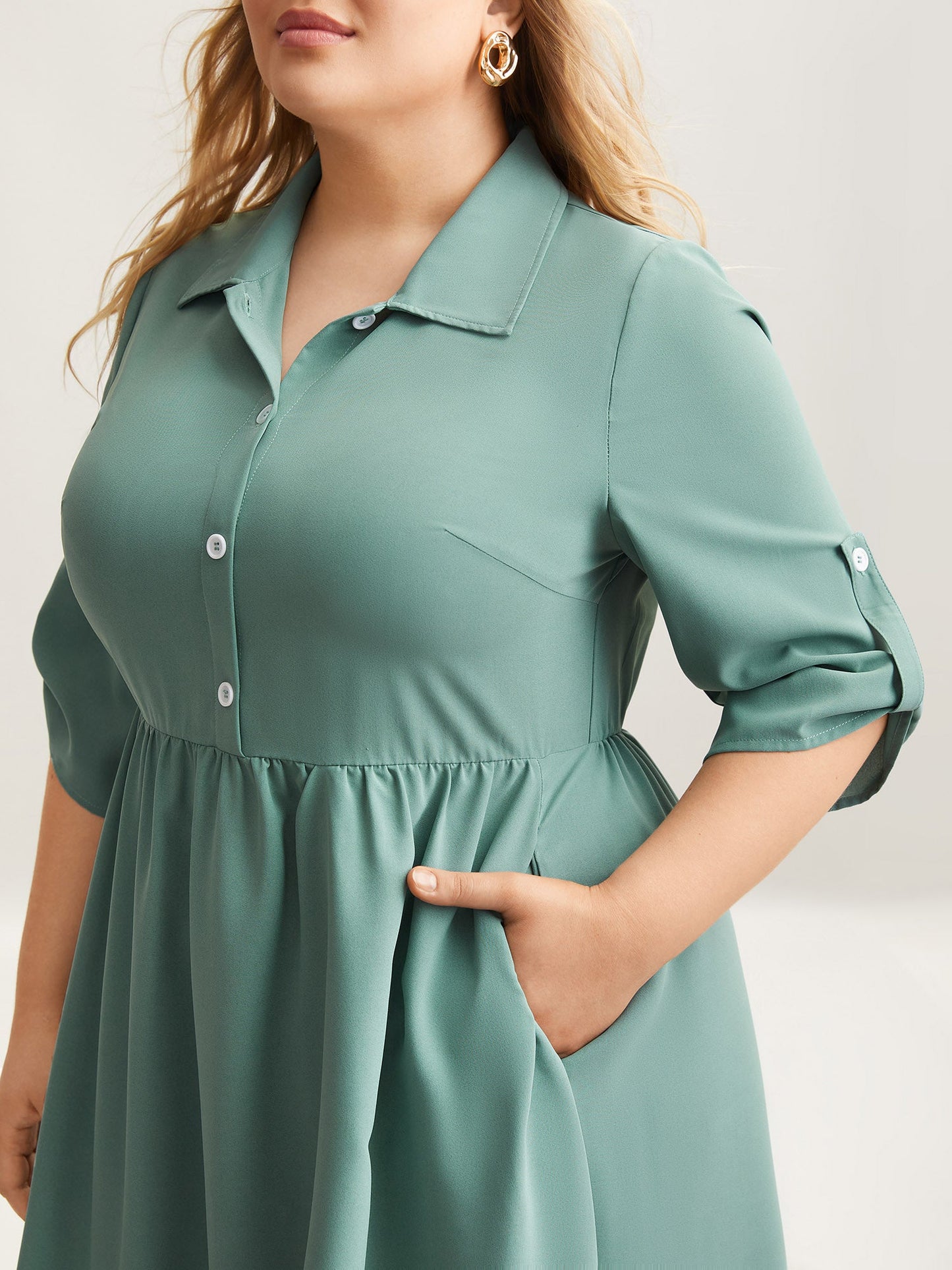Shirt Collar Front Button Placket Midi Dress