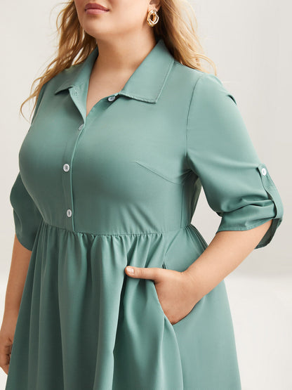 Shirt Collar Front Button Placket Midi Dress