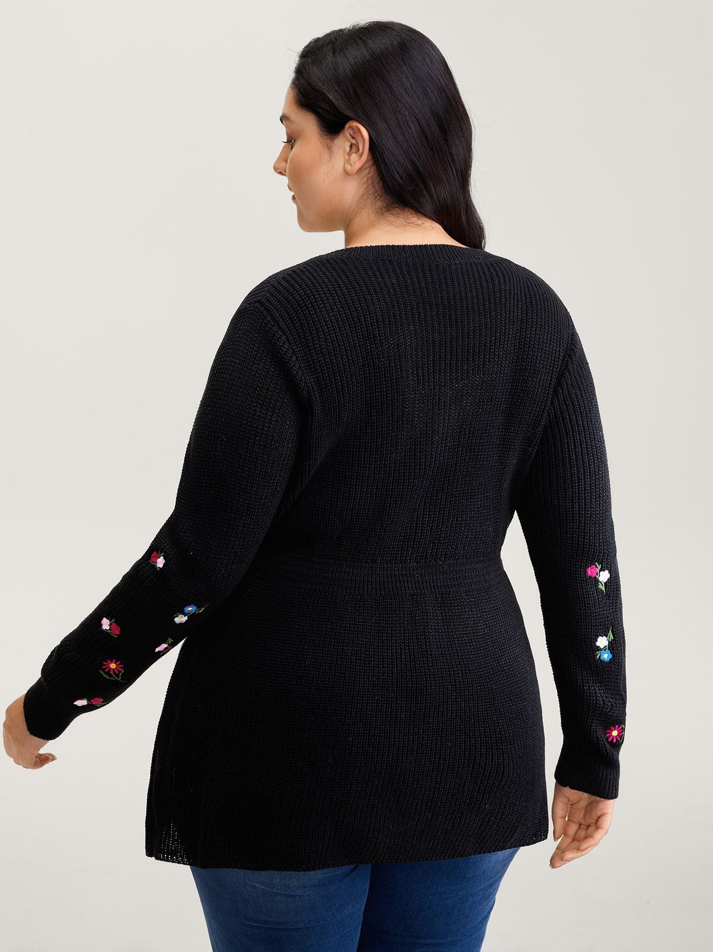 Embroidered Sleeve Stretchy Cinched-Waist Pullover