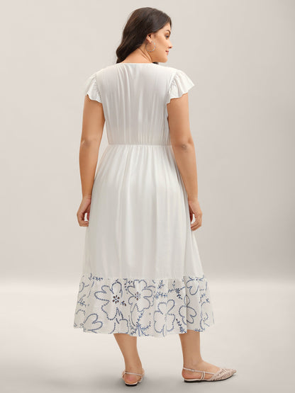 Rayon Shirred Color Contrast Floral Midi Dress