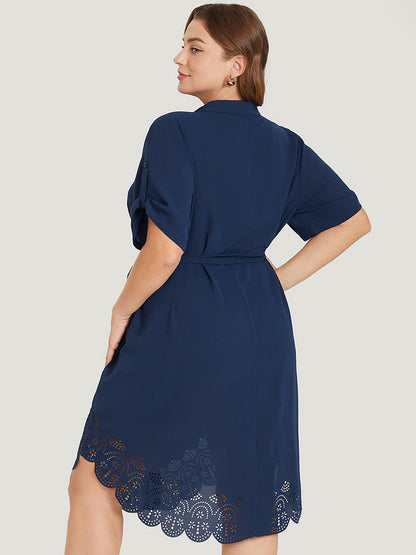 Solid Cuffed Sleeve Button Up Belted Laser Cut Arc Hem Dress
