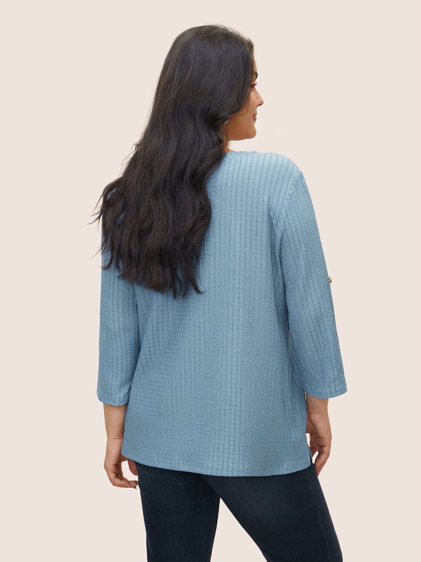 Plain Textured Patched Pocket Tab Sleeve T-shirt
