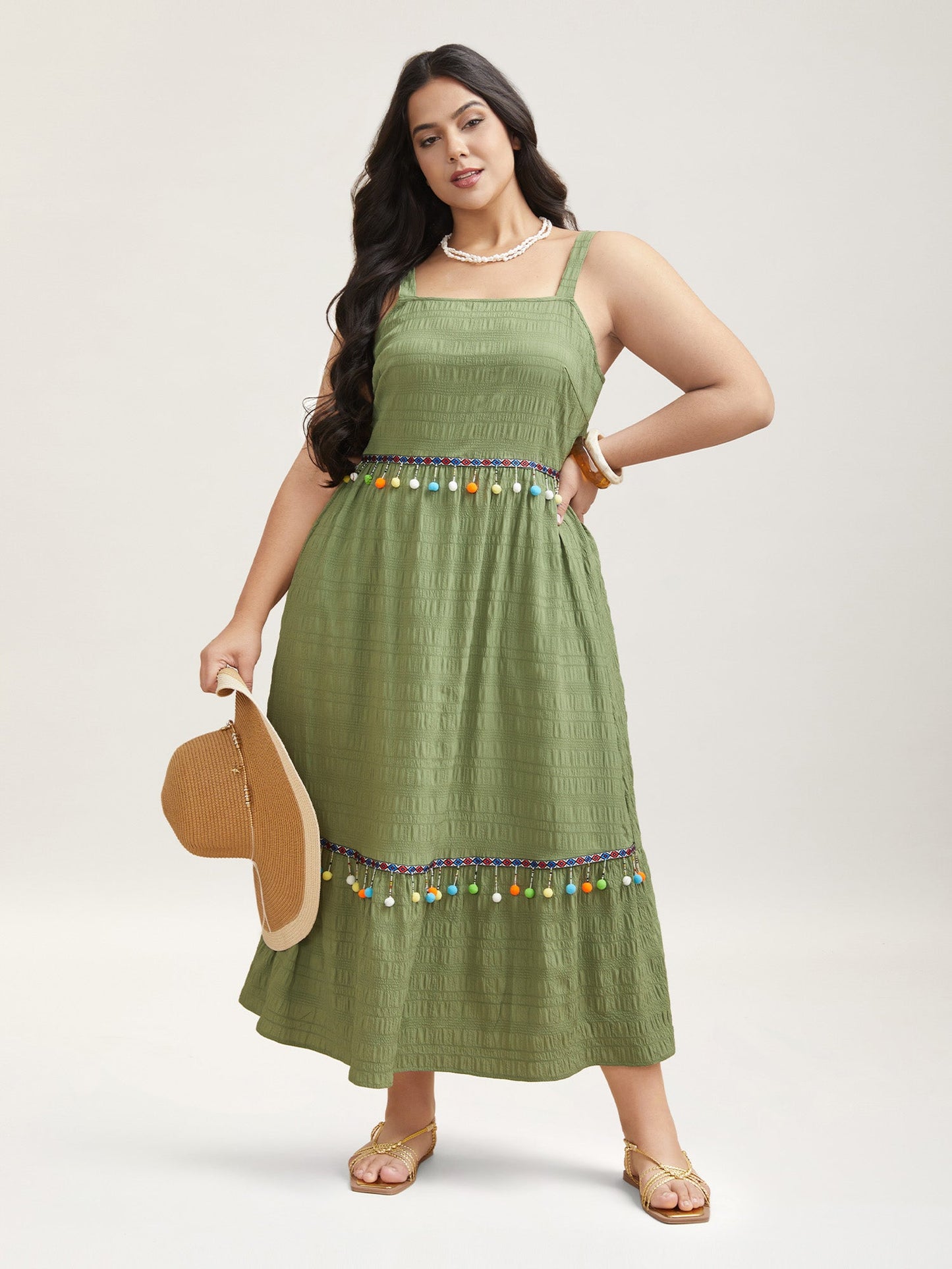 Multi-Color Tassels Textured Tiered Midi Dress