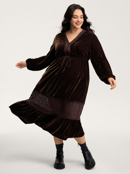 Velvet Lace Trim Waist-Tie Maxi Dress