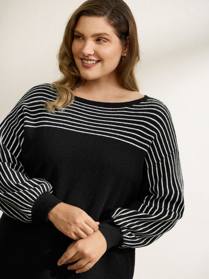 Stripe Boat Neck Balloon Sleeve Pullover