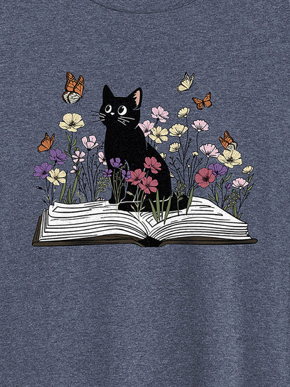 Bookish Cat Printed Round Neck T-Shirt