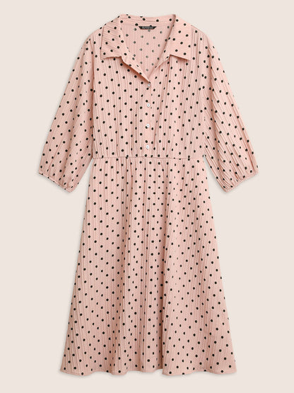 Polka Dot Textured Elastic Waist Button Up Dress