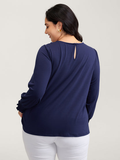 Lace Sheer Neckline Balloon Sleeve Knit Top