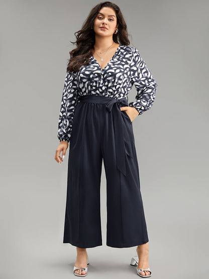 Brush Print Patchwork Wrap Belted Jumpsuit