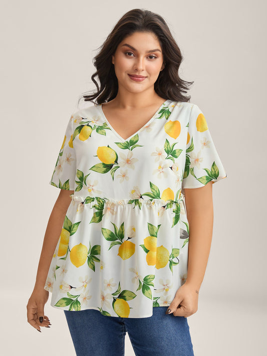Citrus Print Petal Trim Blouse