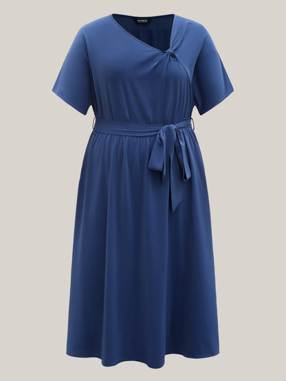 Keyhole Belted Pockets Plain Midi Dress