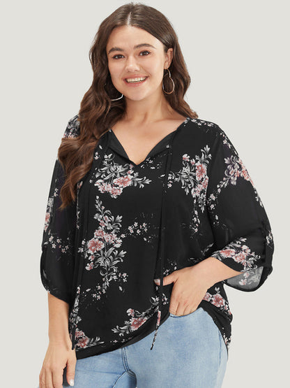 Floral Print Knot Neck Mesh Tab Sleeve Blouse