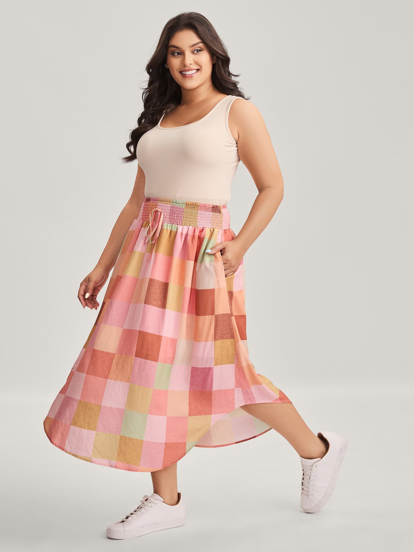 Colorful Patchwork Shirred Waist Midi Skirt