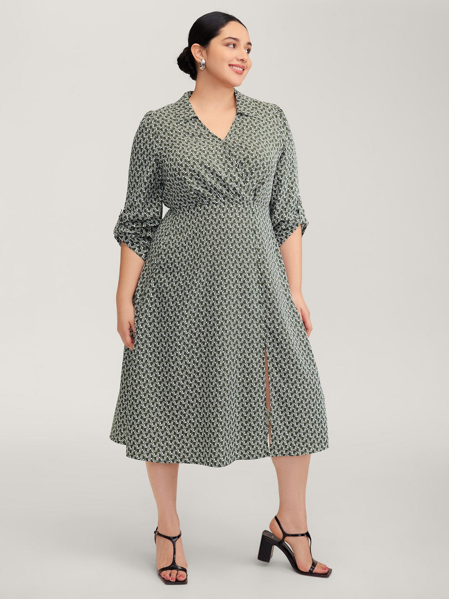 Geometric Print Split Wrap Collar Maxi Dress