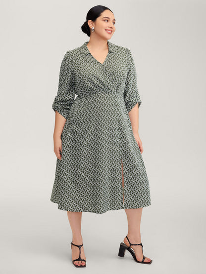 Geometric Print Split Wrap Collar Maxi Dress