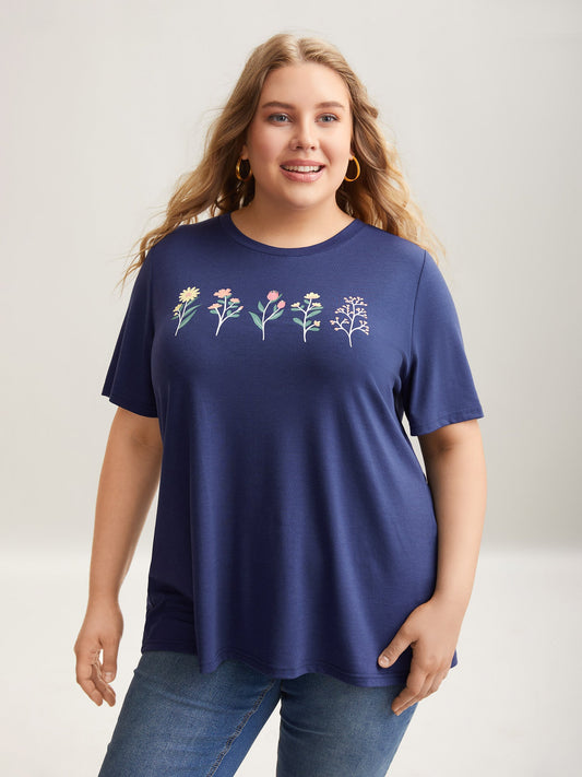 Plants Print Stretchy Crew Neck T-Shirt