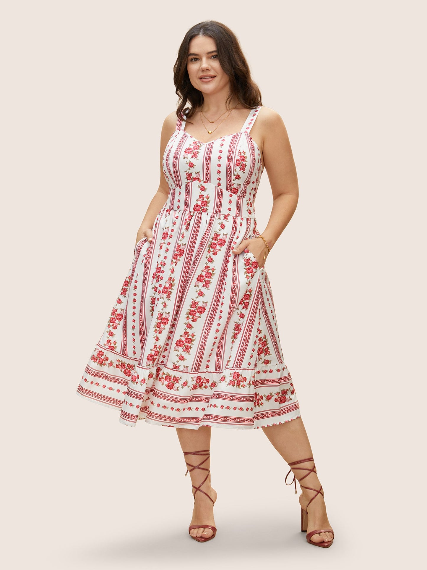 Heart Neckline Boho Print Shirred Cami Midi Dress