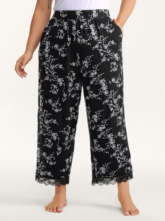 Romantic Floral Print Lace Lounge Bottoms