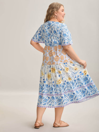Contrast Print Ruched Tiered Midi Dress