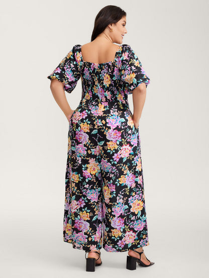 Floral Print Bust-Ease Shirred Jumpsuit