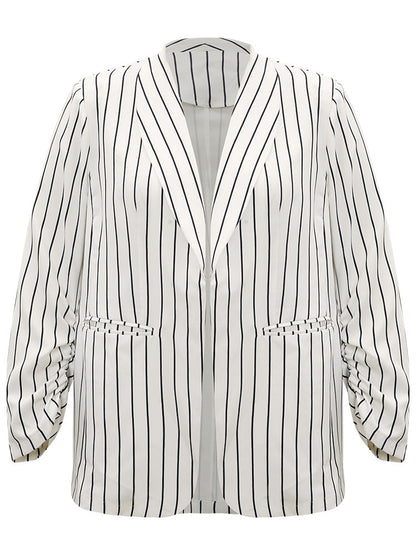 Striped Pocket Gathered Lapel Collar Blazer