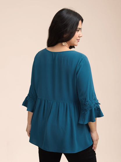 Lace Detail Ruffled Round Neck Blouse