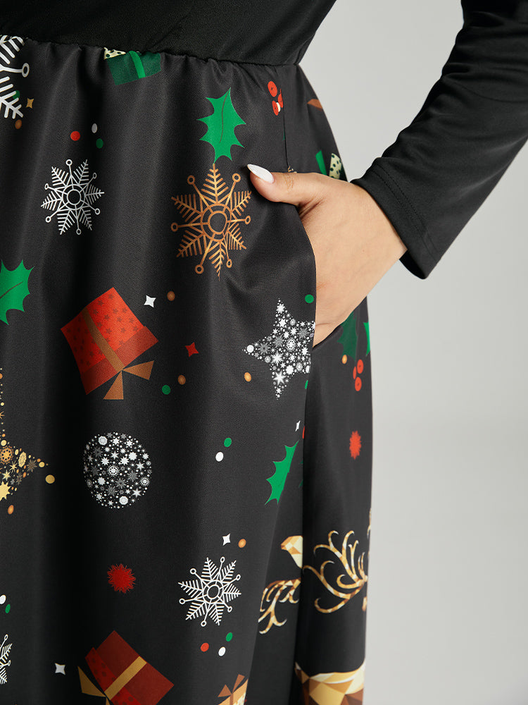 Christmas Print Patchwork Scalloped Trim Elastic Waist Dress
