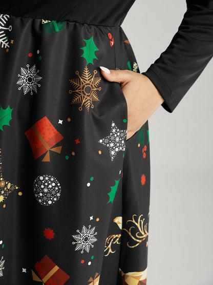 Christmas Print Patchwork Scalloped Trim Elastic Waist Dress