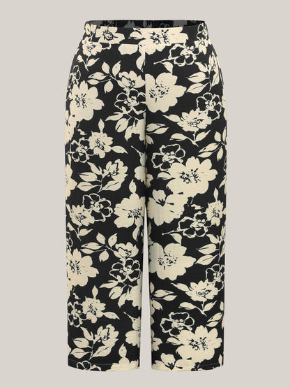 Floral Print Pull-On Wide-Leg Pants