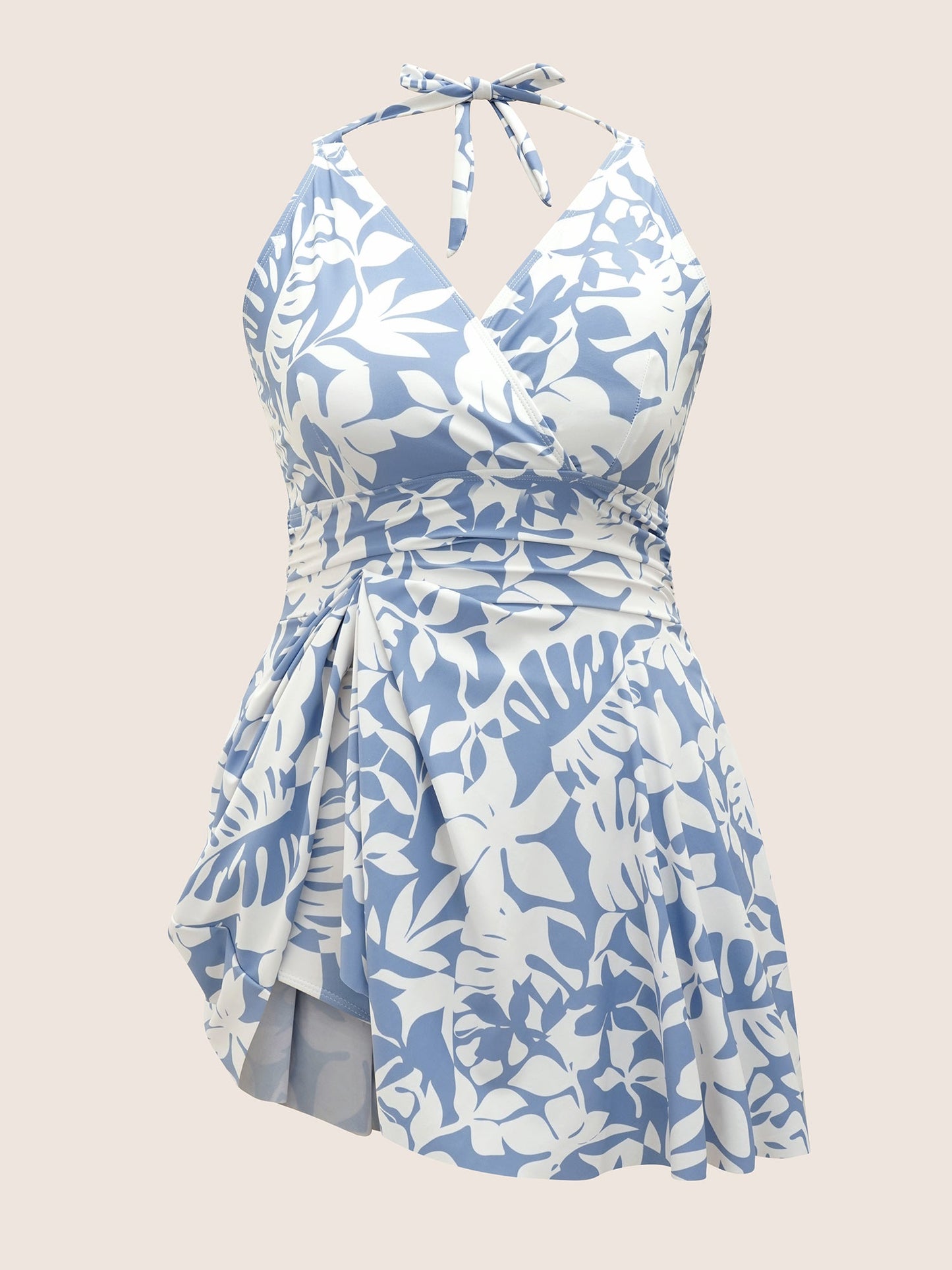 Overlap Collar Silhouette Floral Print Swim Dress