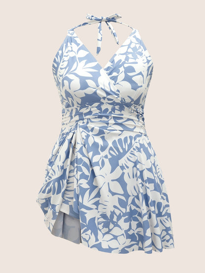 Overlap Collar Silhouette Floral Print Swim Dress