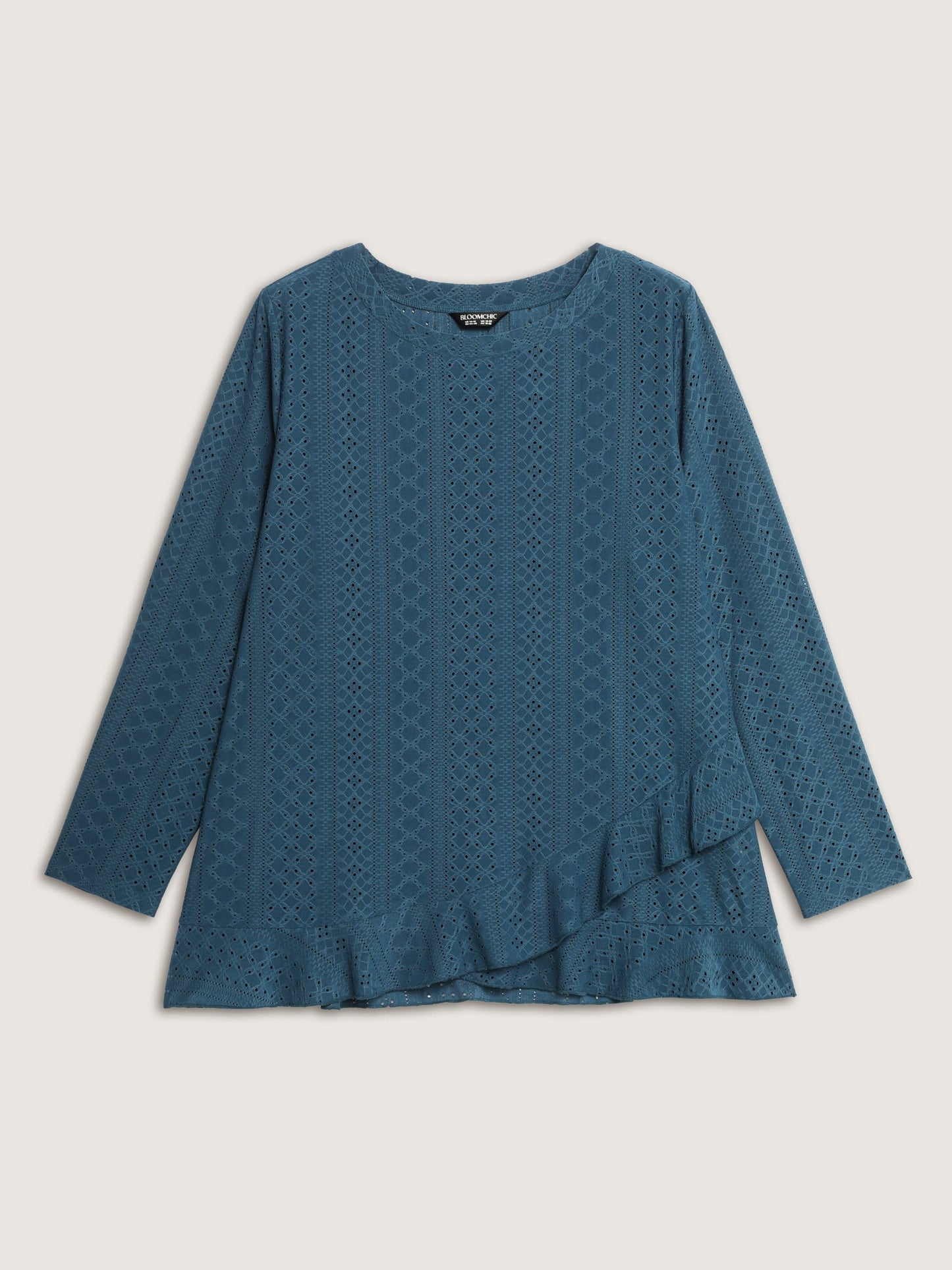 Eyelet Trim Overlap Ruffled Hem T-Shirt