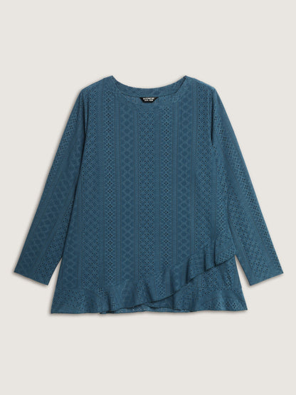 Eyelet Trim Overlap Ruffled Hem T-Shirt