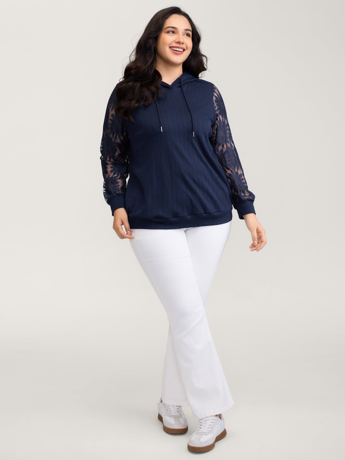 Sheer Lace Sleeve Textured Hoodie