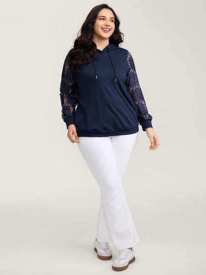Sheer Lace Sleeve Textured Hoodie