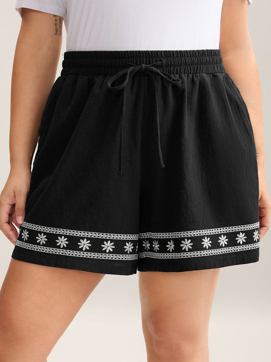 Cotton Embroidery Waist-Tie Straight-Fit Shorts