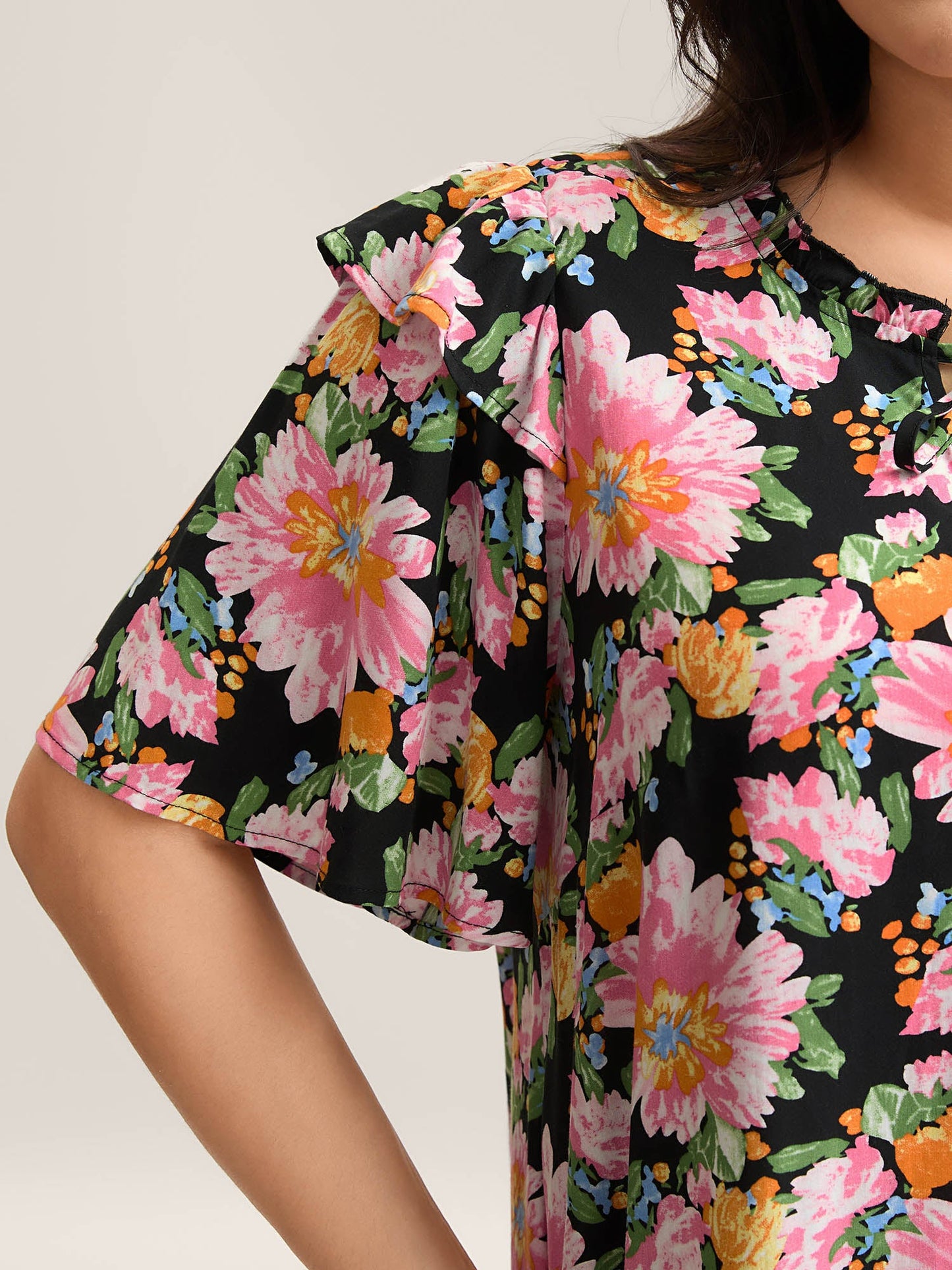 Large Flower Print Layered Sleeve Shirt