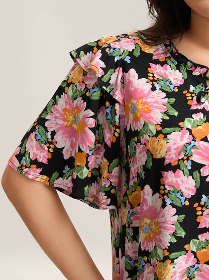 Large Flower Print Layered Sleeve Shirt
