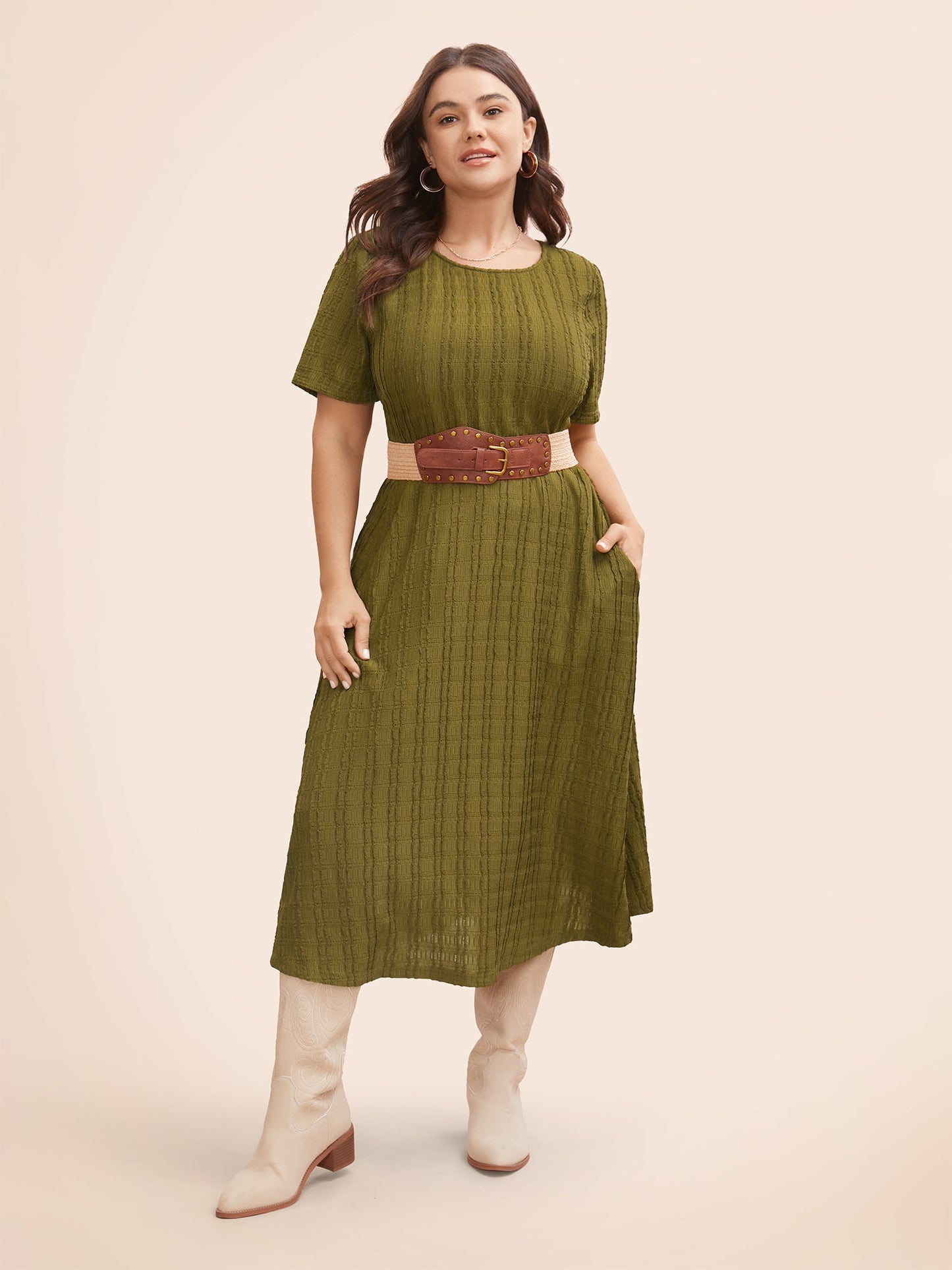 Solid Textured Crew Neck Midi Dress