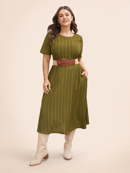 Solid Textured Crew Neck Midi Dress