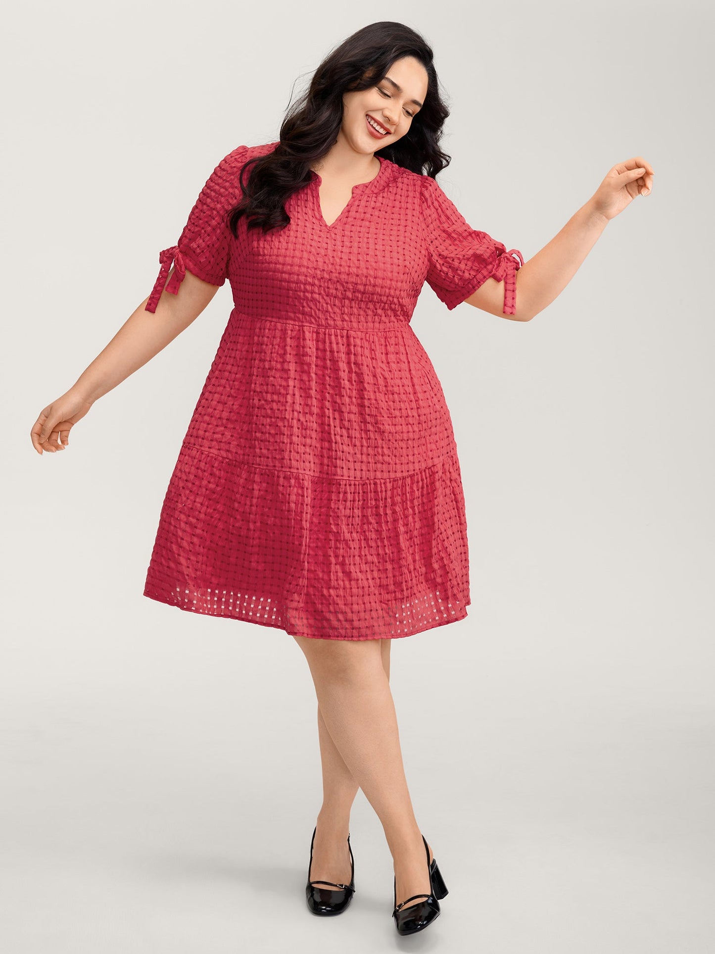 Check Textured Knot Sleeve Knee-Length Dress