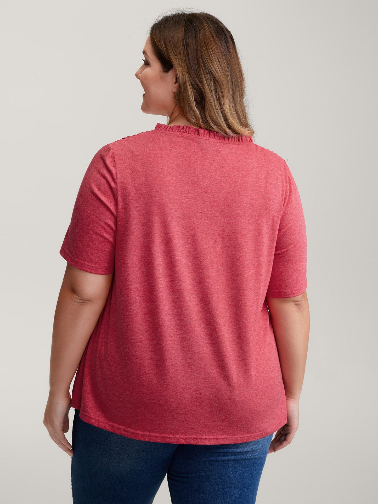 Stretchy Ruched Neckline Ruffled Neck T-Shirt